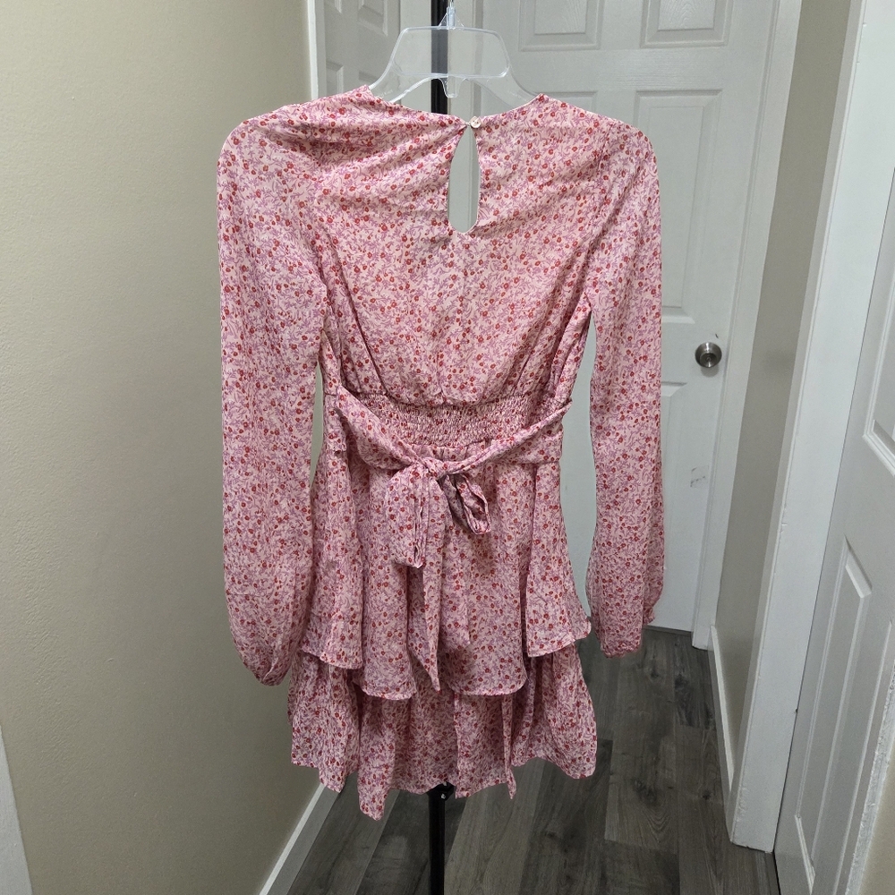 Japna Pink Floral Mini Dress Long Sleeve Ruffle Tiered Boho Cottagecore Romantic - Picture 5 of 7